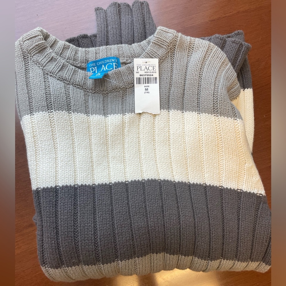 The Children's Place Gray and Cream Striped Crewneck Sweater